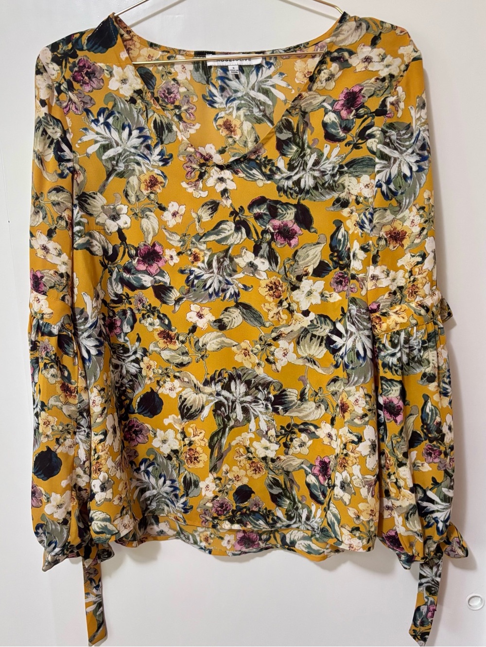 Rose & Olive| Mustard Yellow Fall Floral V-Neck Long Split Sleeve Blouse Sz S